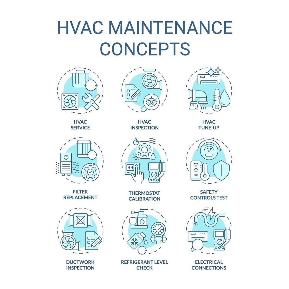 hvac mantenimiento suave azul concepto iconos calefacción, ventilación y aire acondicionamiento. interior aire calidad. comercial servicio. icono embalar. redondo forma ilustraciones. resumen idea vector