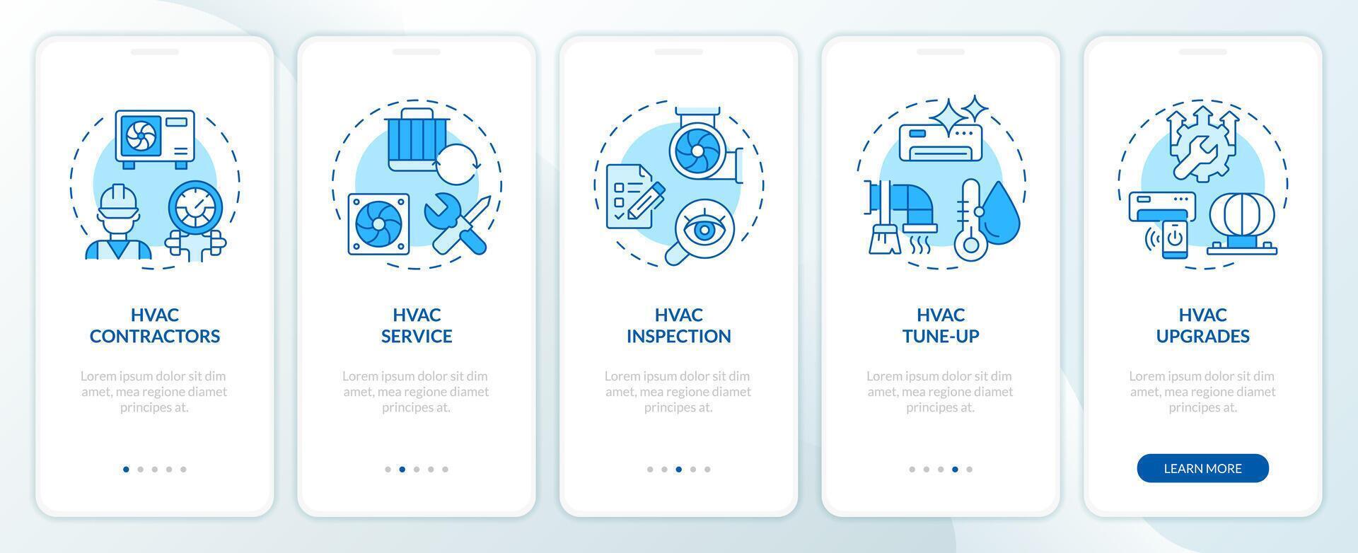 hvac servicios y mejoras azul inducción móvil aplicación pantalla. recorrido 5 5 pasos editable gráfico instrucciones con lineal conceptos. ui, ux, gui modelo vector