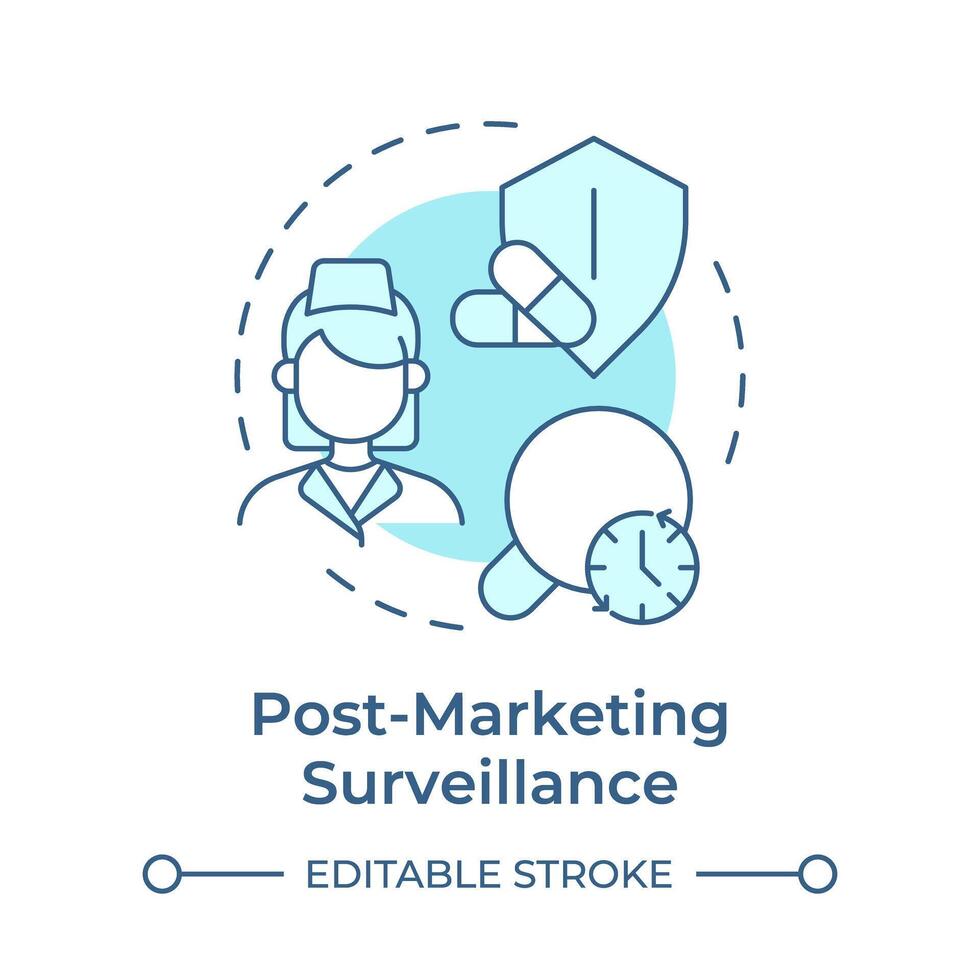 Post-marketing surveillance soft blue concept icon. Risk management, clinical trials. Round shape line illustration. Abstract idea. Graphic design. Easy to use in infographic, article vector