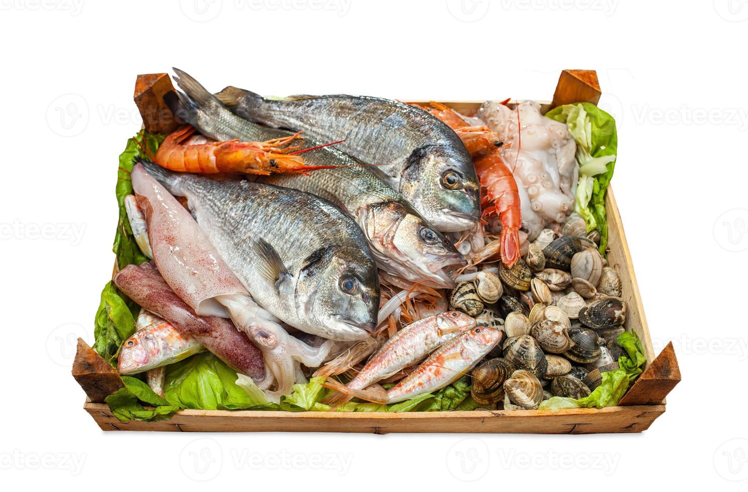 Box of fresh fish on white background. photo