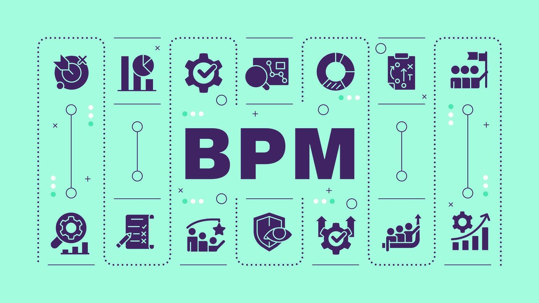 BPM mint green word concept. Business organization. Workflow processes automation. Customer service. Visual communication. Art with lettering text, editable glyph icons vector