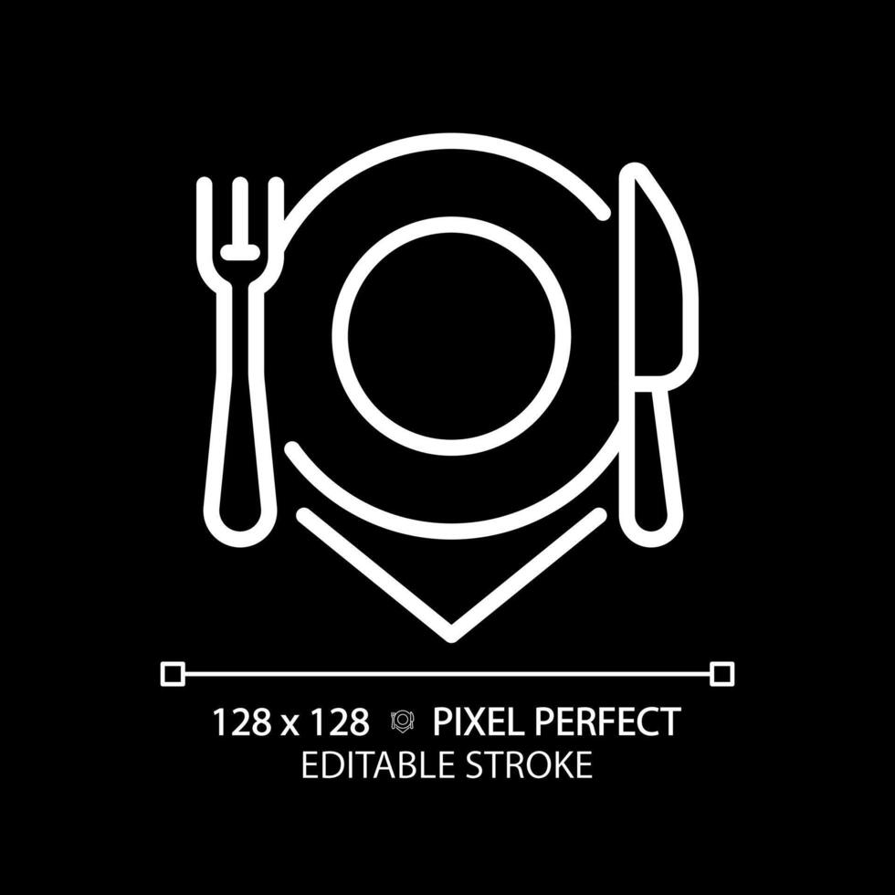 Restaurant cutlery place setting pixel perfect white linear icon for dark theme. Customer service. Cooking equipment. Thin line illustration. Isolated symbol for night mode. Editable stroke vector