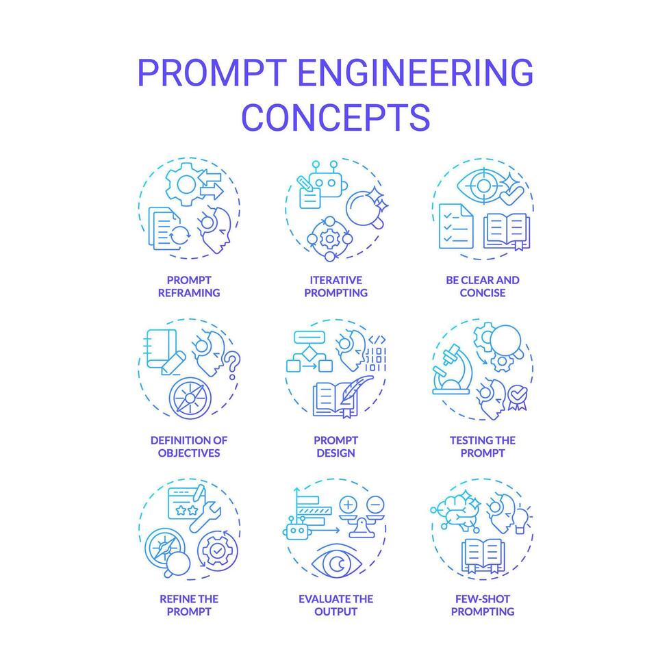 Prompt engineering blue gradient concept icons. Design instructions for ai model. Test and optimize tasks. Chatbot interaction. Icon pack. Round shape illustrations. Abstract idea vector