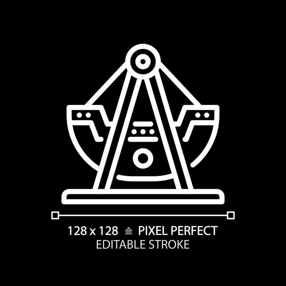 Swinging pirate ship pixel perfect white linear icon for dark theme. Swing boat amusement. Viking thematical park. Thin line illustration. Isolated symbol for night mode. Editable stroke vector