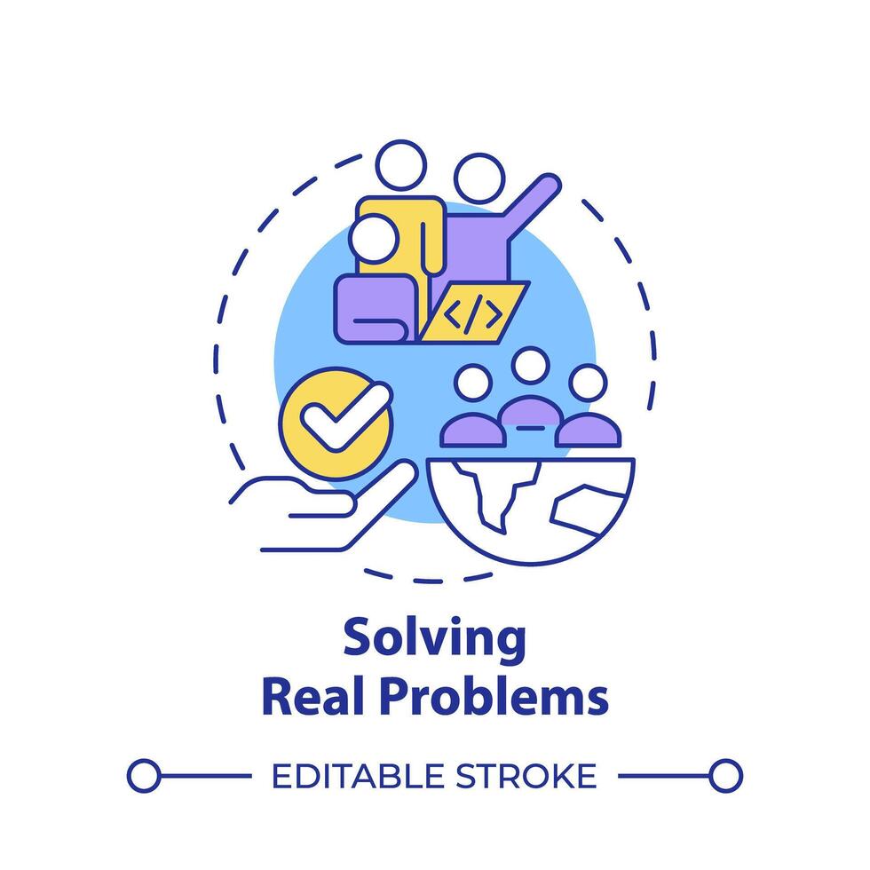 Solving real problems multi color concept icon. Hackathon benefit. Addressing global issues. Round shape line illustration. Abstract idea. Graphic design. Easy to use in promotional materials vector