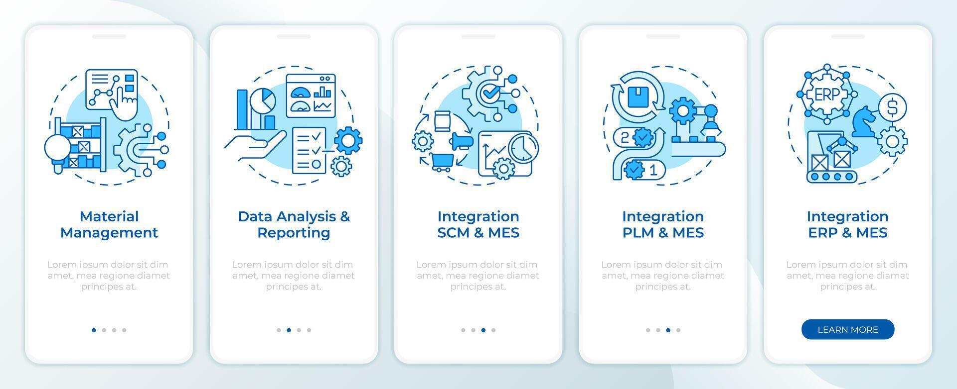 MES integration blue onboarding mobile app screen. Walkthrough 5 steps editable graphic instructions with linear concepts. UI, UX, GUI template vector