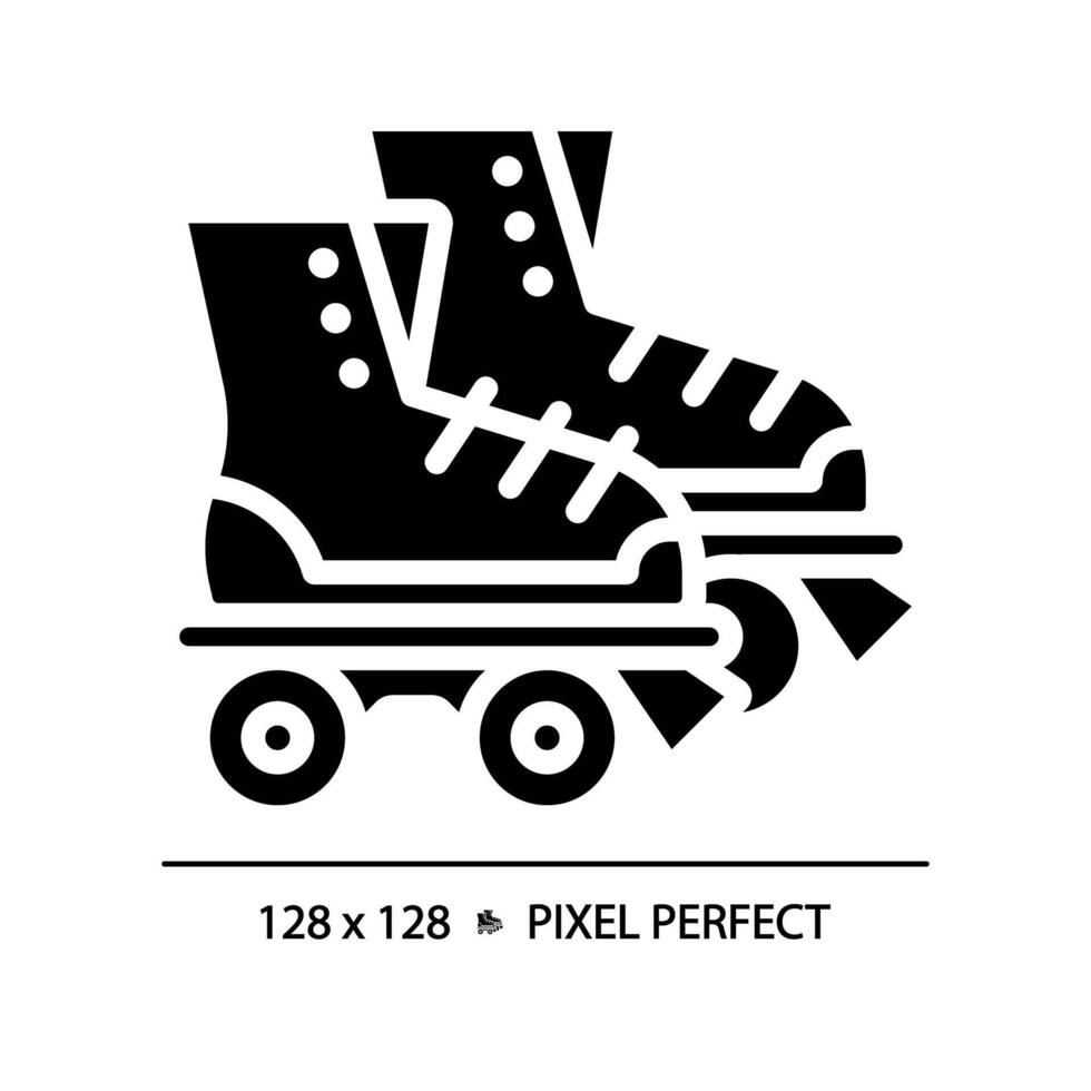 Disco roller skates pixel perfect black glyph icon. Old fashioned. Skating equipment. Funky party, retro footwear. Silhouette symbol on white space. Solid pictogram. Isolated illustration vector