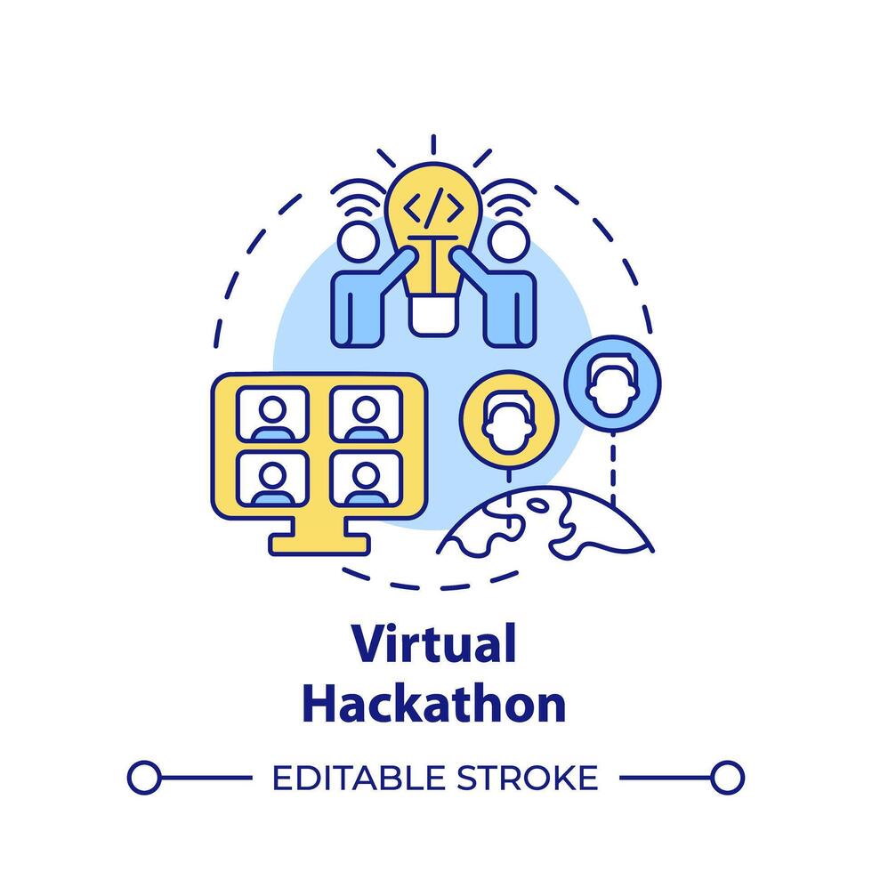 Virtual hackathon multi color concept icon. Remote teamwork. Virtual meeting. Creative solutions. Round shape line illustration. Abstract idea. Graphic design. Easy to use in promotional materials vector