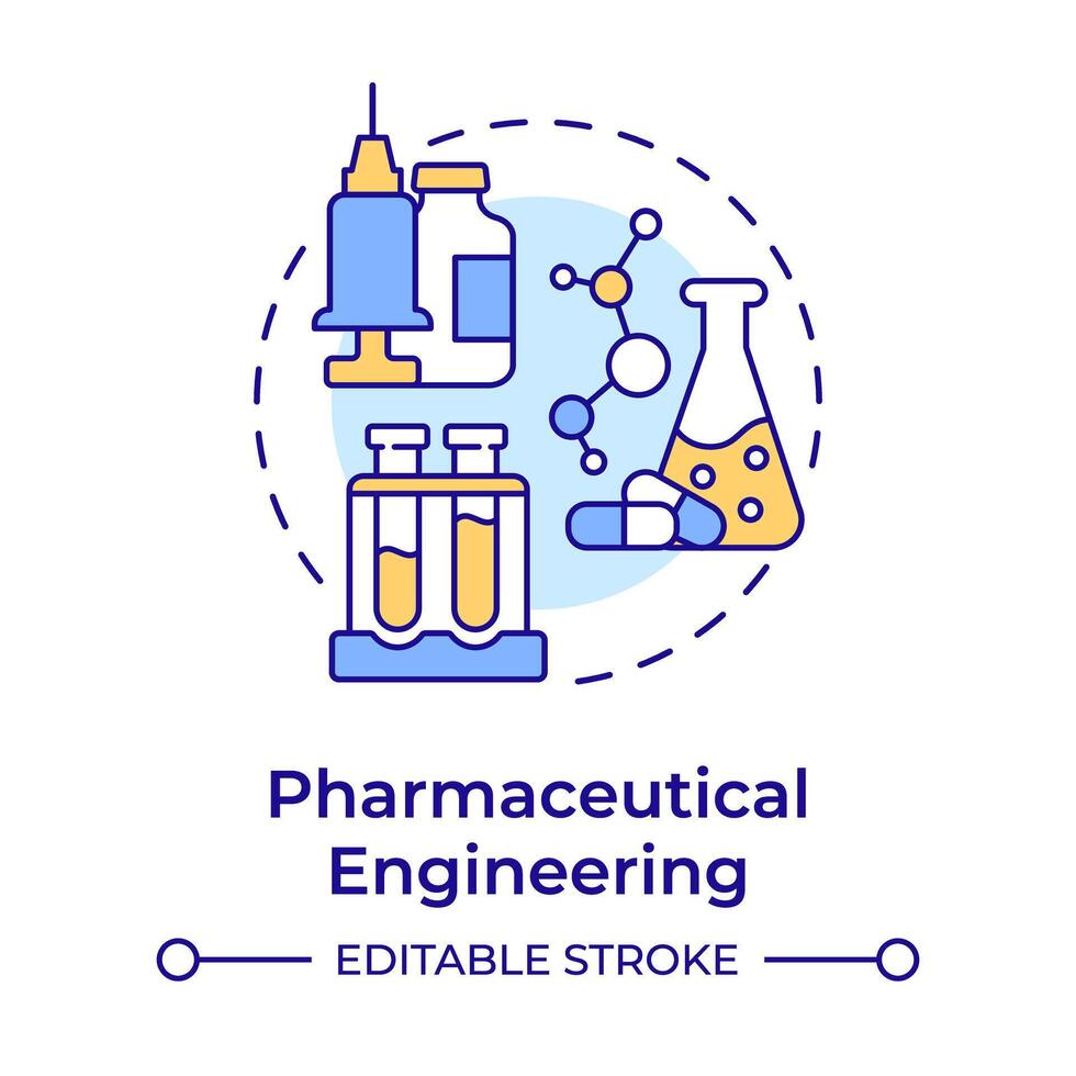 farmacéutico Ingenieria multi color concepto icono. medicinal química. laboratorio equipo. redondo forma línea ilustración. resumen idea. gráfico diseño. fácil a utilizar en presentación vector