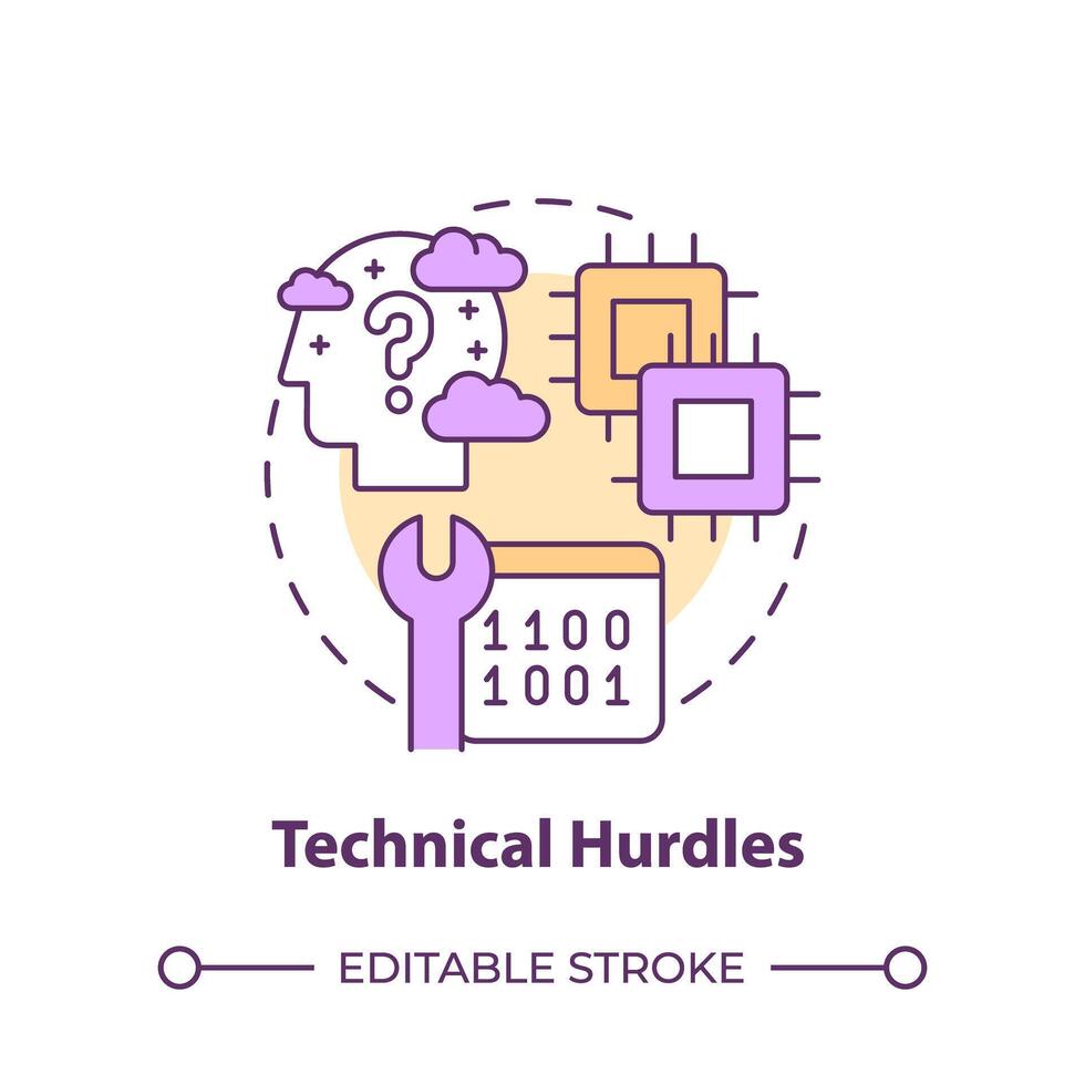 Technical hurdles multi color concept icon. Hackathon challenge. Difficulties with unknown tools. Round shape line illustration. Abstract idea. Graphic design. Easy to use in promotional materials vector