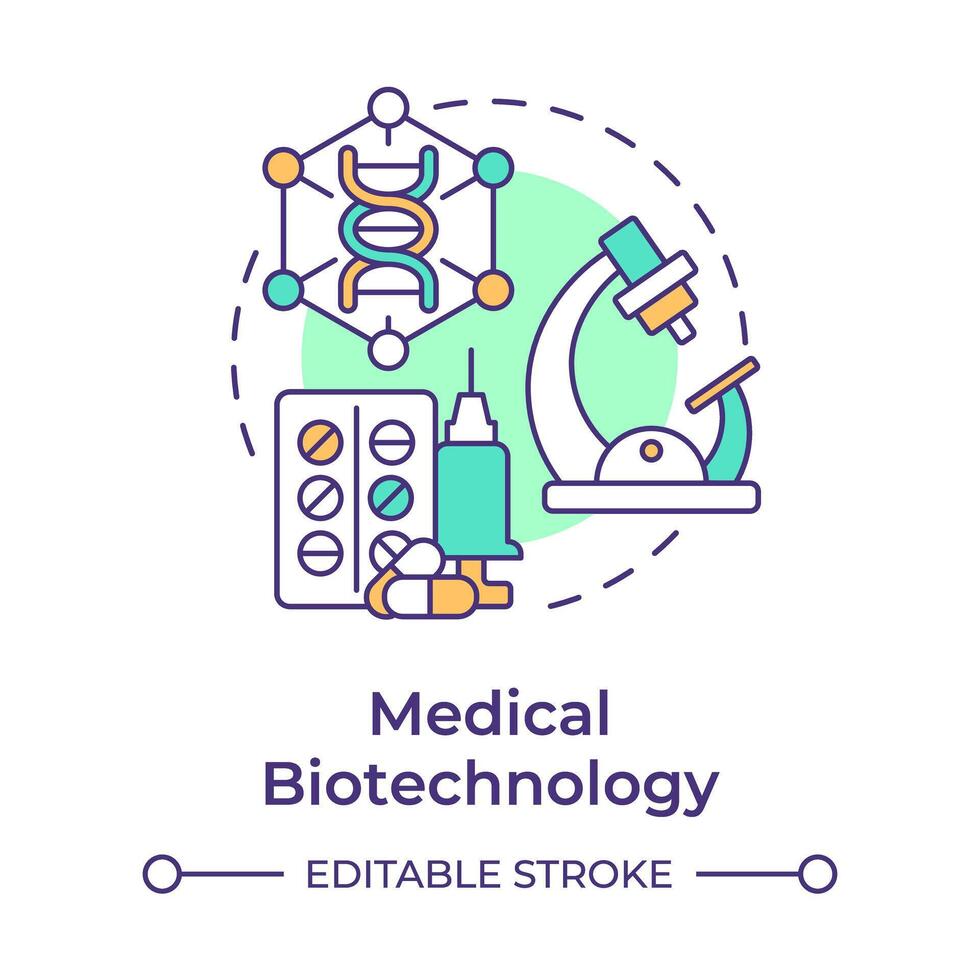 médico biotecnología multi color concepto icono. medicina y productos farmacéuticos fármaco desarrollo. redondo forma línea ilustración. resumen idea. gráfico diseño. fácil a utilizar en presentación vector