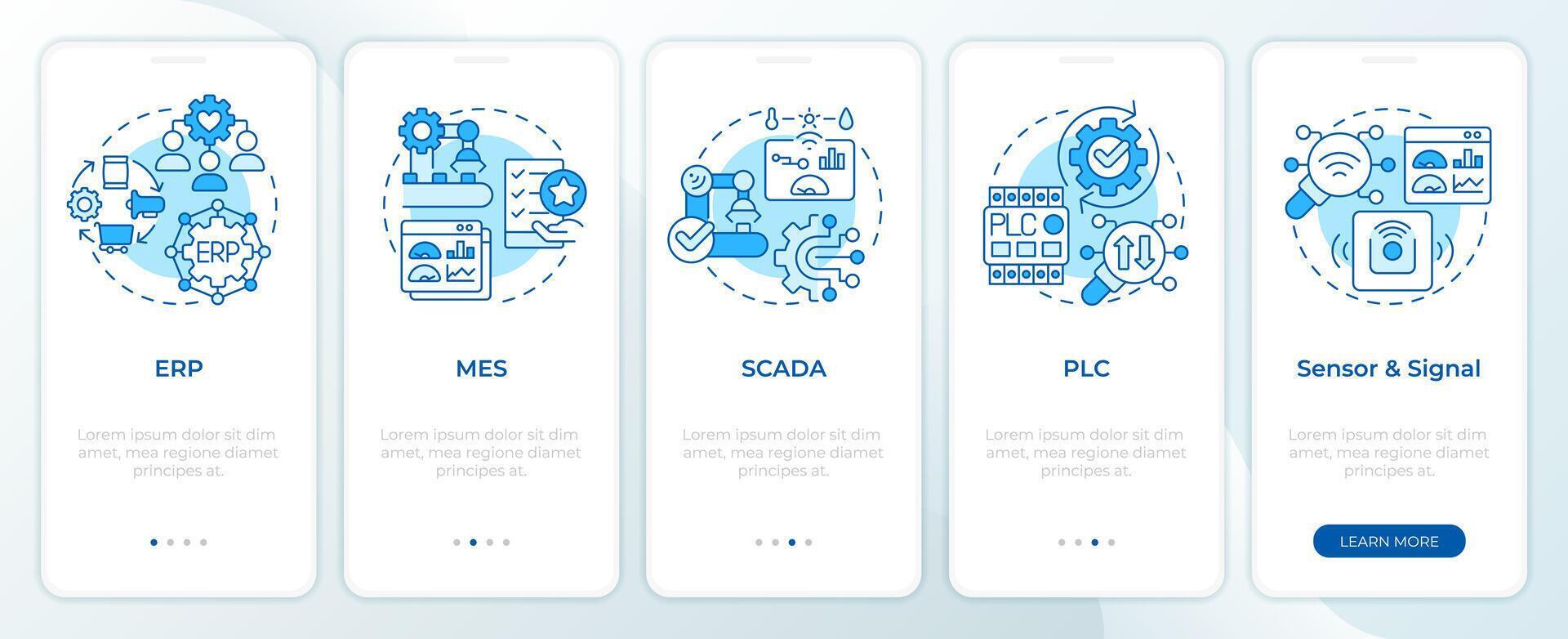 Factory organization systems blue onboarding mobile app screen. Walkthrough 5 steps editable graphic instructions with linear concepts. UI, UX, GUI template vector