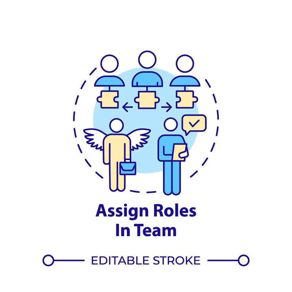 Assign roles in team multi color concept icon. Hackathon organization. Gather team. Team members. Round shape line illustration. Abstract idea. Graphic design. Easy to use in promotional materials vector