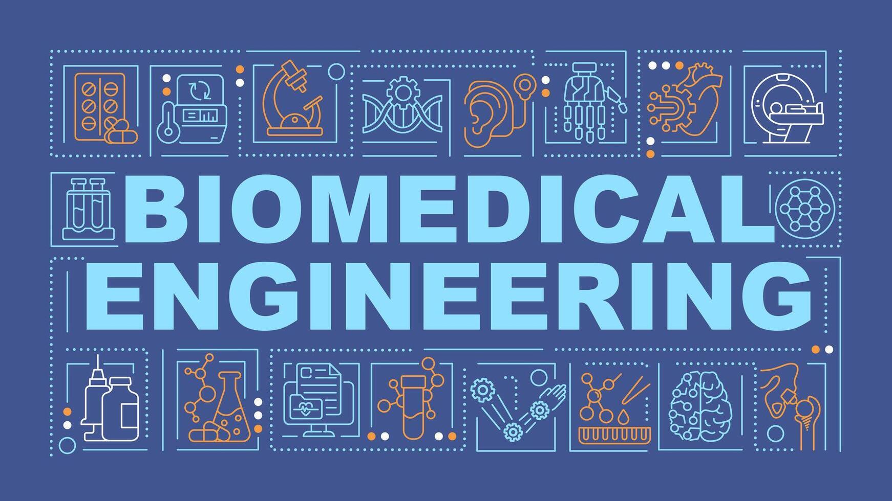 Biomedical engineering blue word concept. Biotechnology. Typography banner. Flat design. Illustration with title text, editable line icons. Ready to use vector