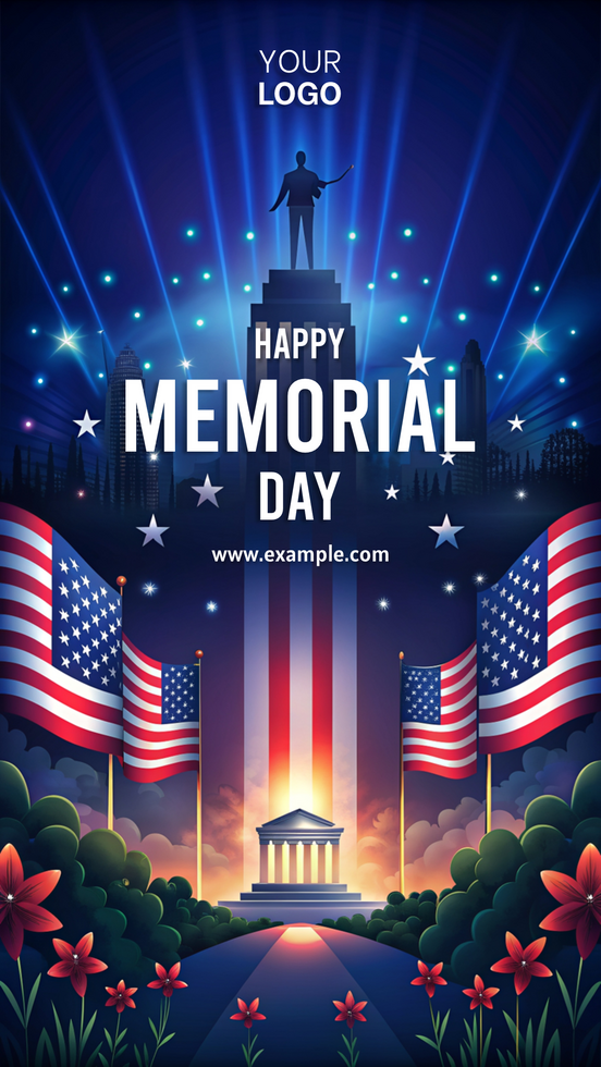 A poster for Memorial Day with a man in a statue and American flags psd