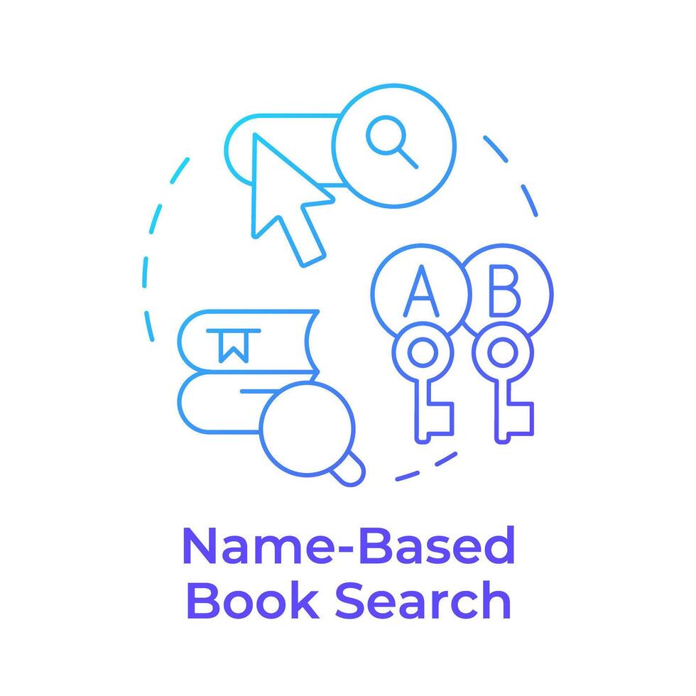 Name-based book search blue gradient concept icon. Accessing literature, search bar. Round shape line illustration. Abstract idea. Graphic design. Easy to use in infographic, blog post vector