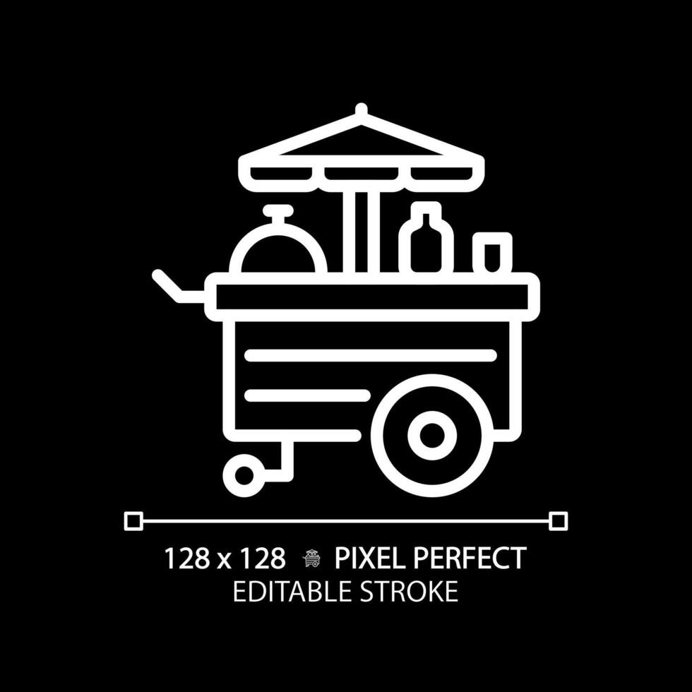 Food cart amusement pixel perfect white linear icon for dark theme. Carnival popcorn stand. Mobile kitchen, fastfood business. Thin line illustration. Isolated symbol for night mode. Editable stroke vector