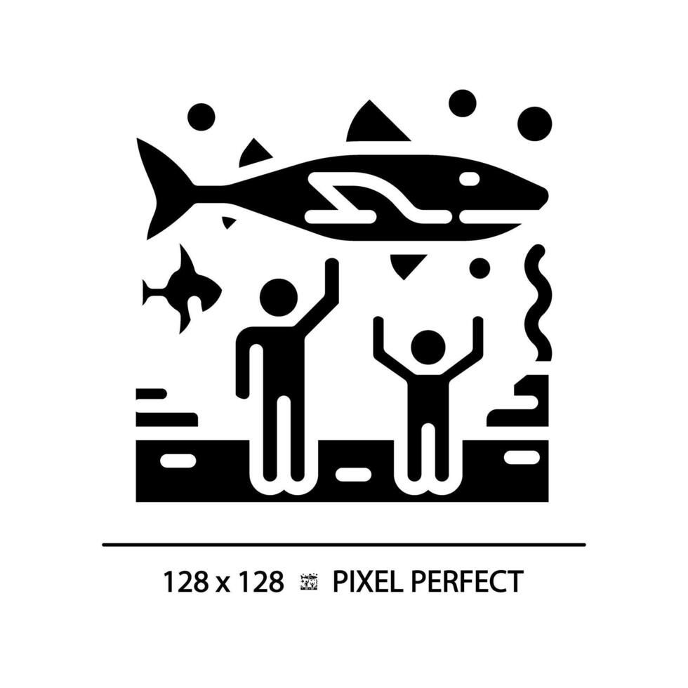 Oceanarium exhibition pixel perfect black glyph icon. Aquarium shark, aquatic entertainment. Recreational attraction. Silhouette symbol on white space. Solid pictogram. Isolated illustration vector