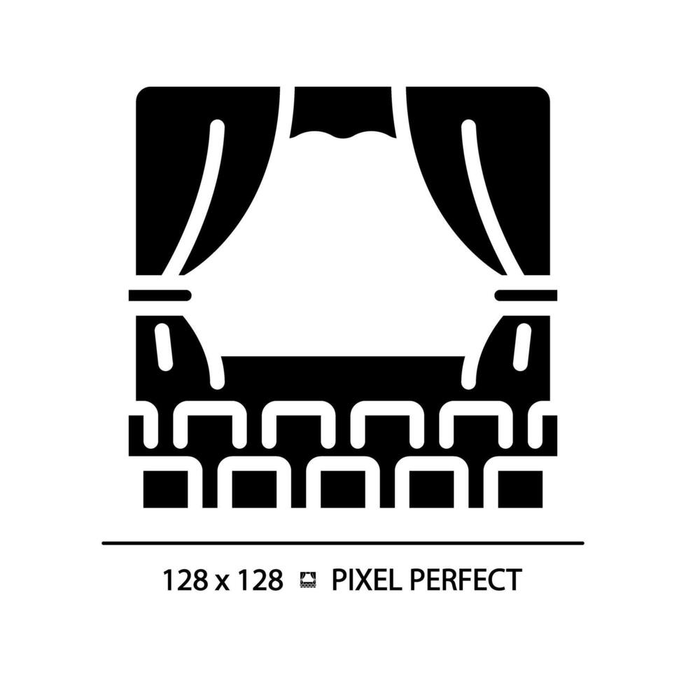 Theater performance pixel perfect black glyph icon. Drama acting stage. Artistic showcase, storytelling. Opera show. Silhouette symbol on white space. Solid pictogram. Isolated illustration vector