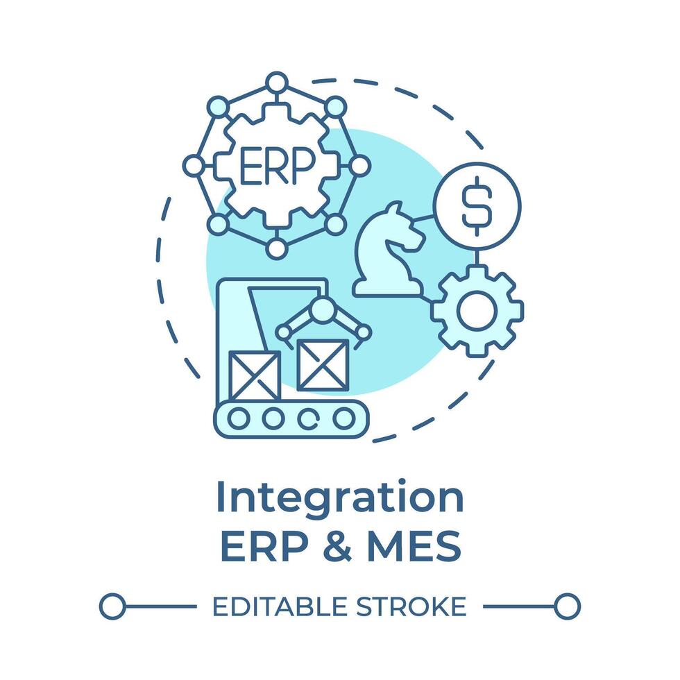 Integration ERP and MES soft blue concept icon. Production processes optimization. Quality control. Round shape line illustration. Abstract idea. Graphic design. Easy to use in infographic, article vector