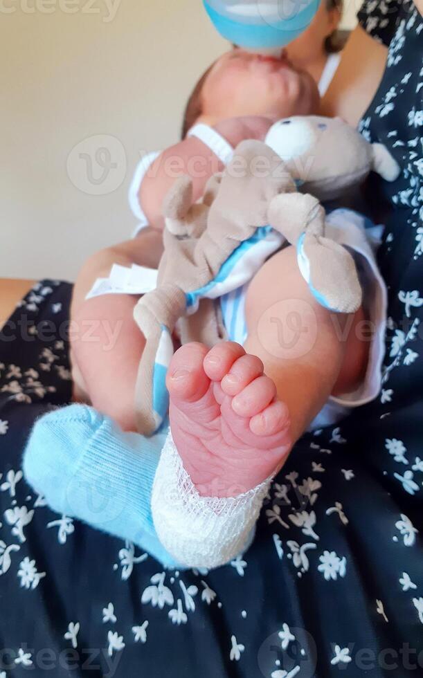 Detail of the foot of a medicated newborn after a blood draw from the heel. photo