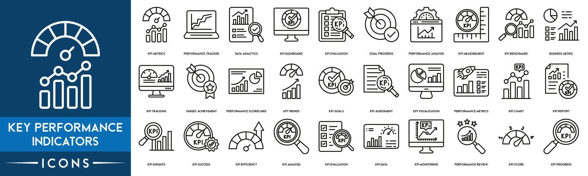 Key Performance Indicators icon. KPI Metrics, Performance Tracker, Data Analytics, KPI Dashboard, Evaluation, Goal Progress, Performance Analysis, Measurement, Benchmark, Business Metric icon vector