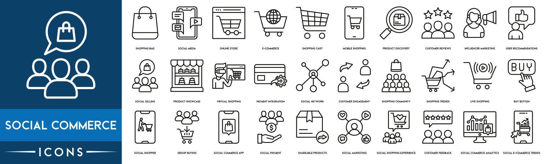 social comercio icono. compras bolsa, social medios de comunicación, en línea almacenar, comercio electrónico, compras carro ,móvil compras, producto descubrimiento, cliente reseñas, hombre de influencia marketing, usuario recomendaciones vector