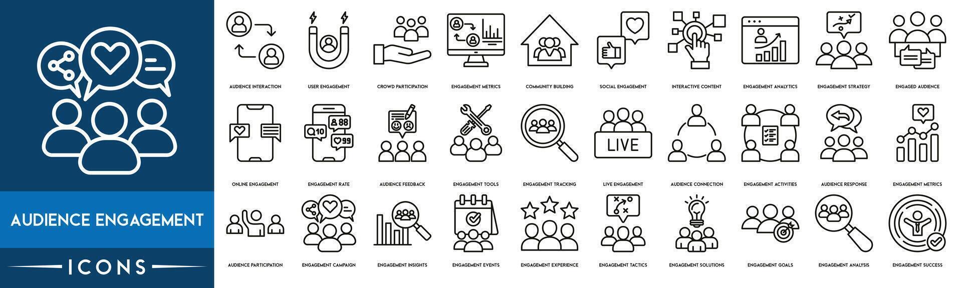 Audience Engagement icon. Audience Interaction, User Engagement, Crowd Participation, Engagement Metrics, Community Building, Social Engagement, Interactive Content and Engagement Analytics vector