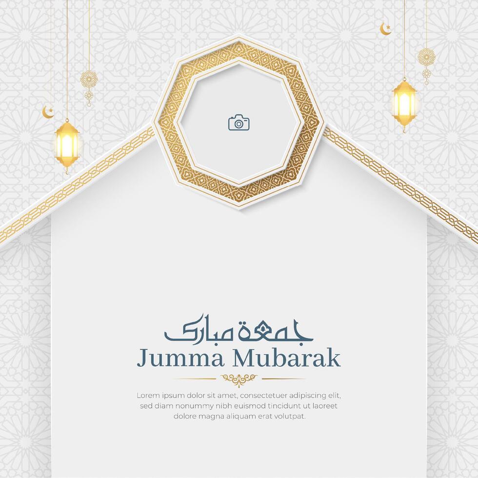 Jumma Mubarak Islamic greeting card with Arabic style pattern and photo frame vector