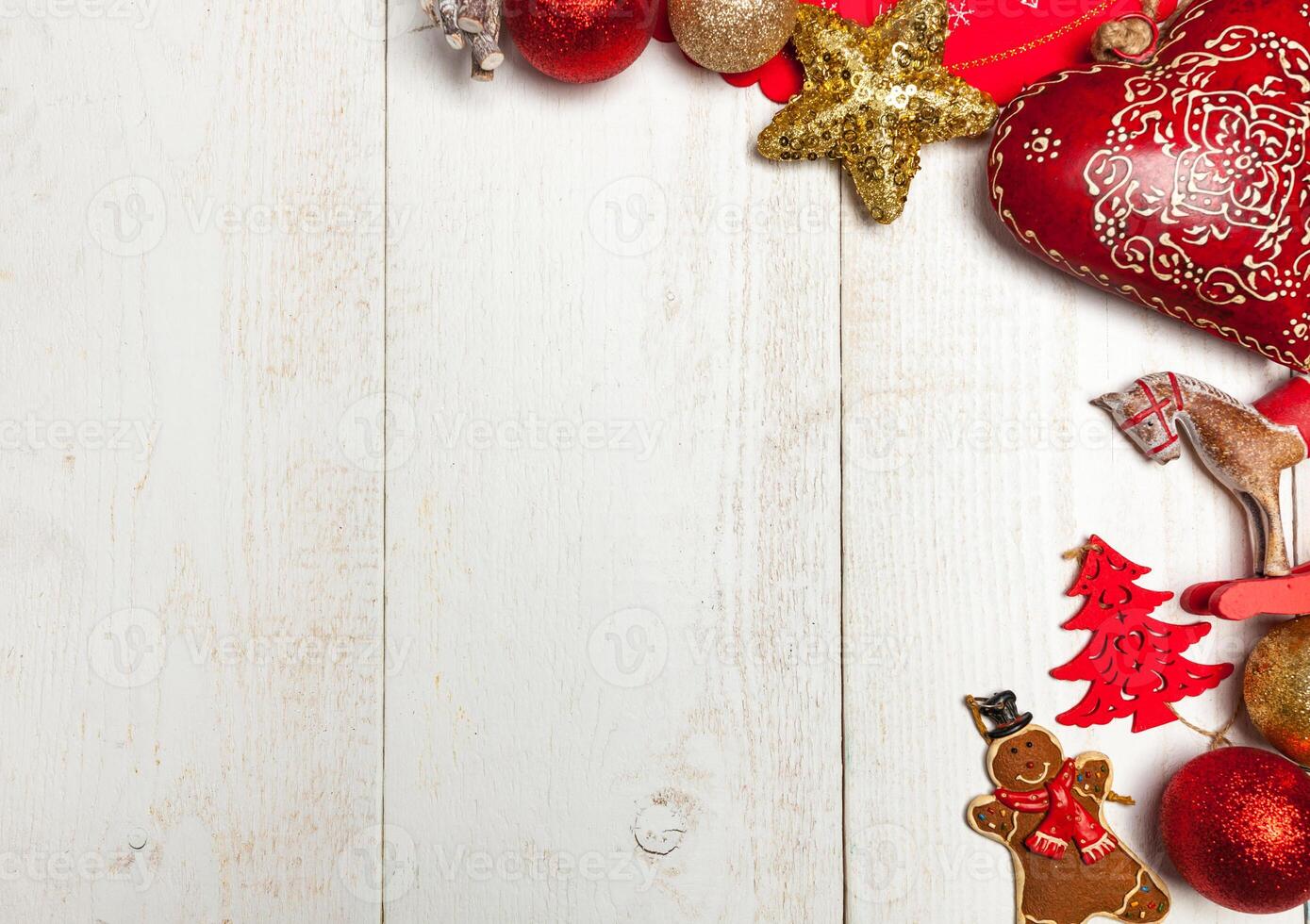 Christmas frame on white wood background. photo