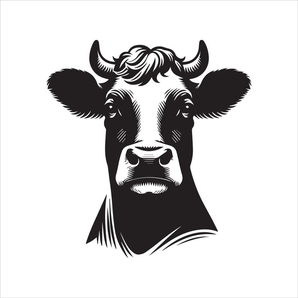 Cow - A confident cow looking directly into the camera illustration in black and white vector