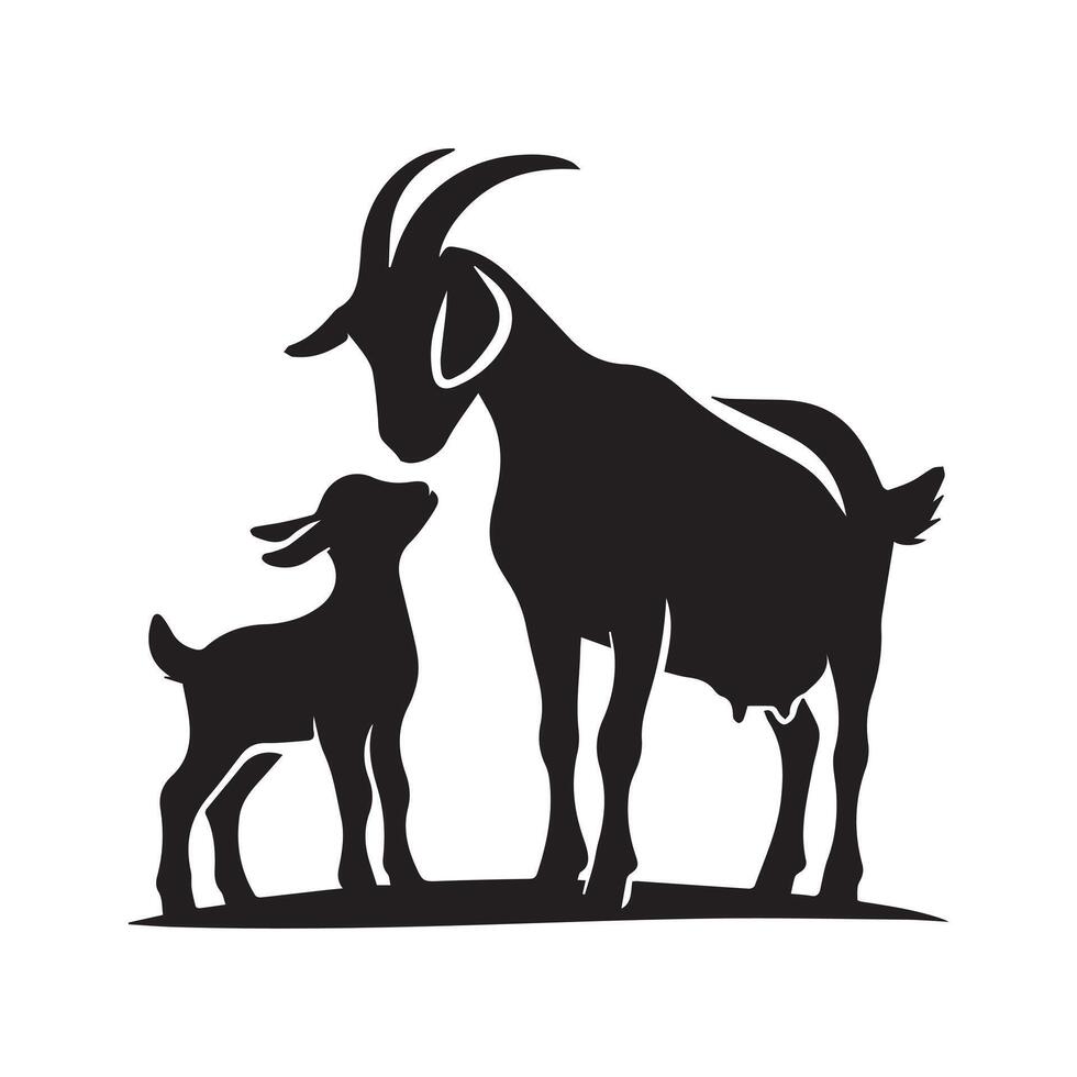 A mother goat nuzzling her kid illustration in black and white vector