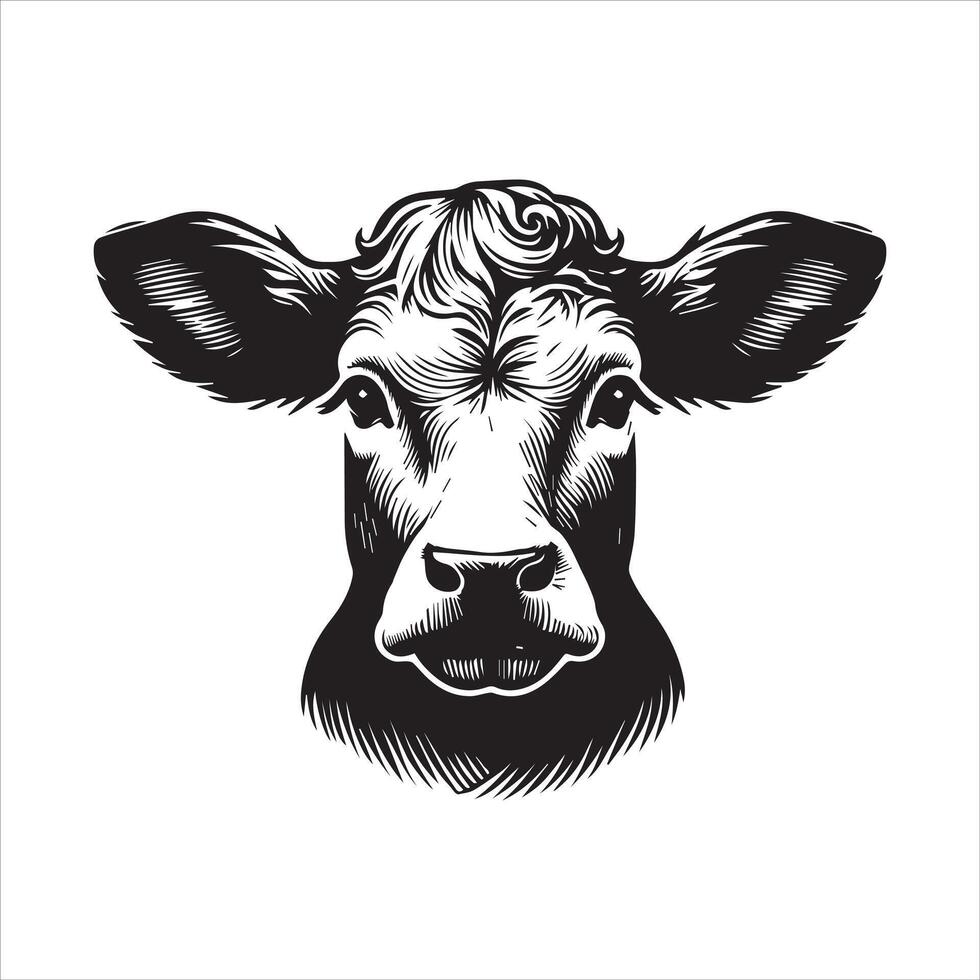 Bull - A sad cow with droopy ears illustration in black and white vector