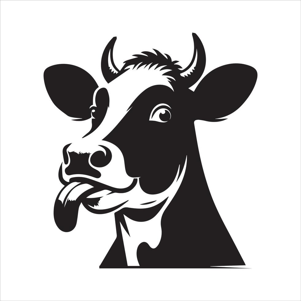 A playful cow sticking its tongue out illustration in black and white vector