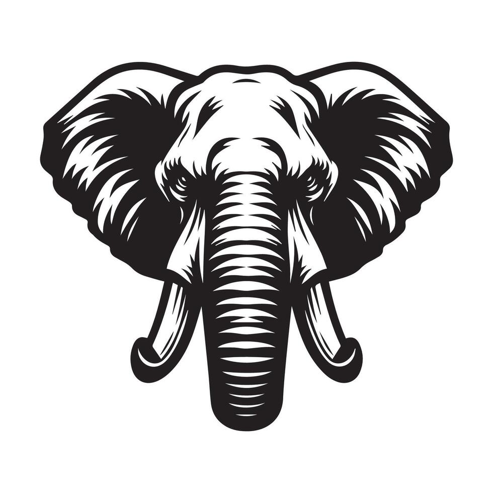Stern elephant face illustrated in black and white vector