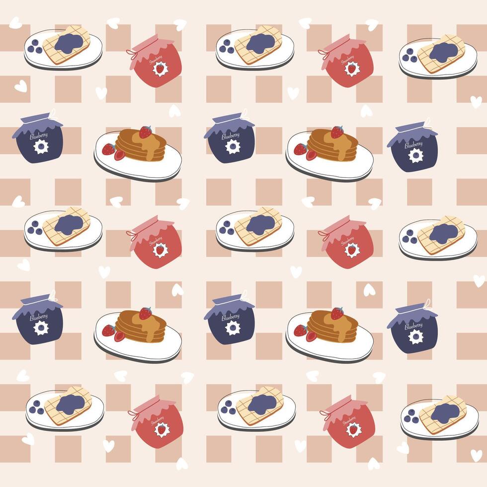 Jam, bread with blueberry jam, pancake with honey and strawberry pattern. Pastry pattern for wallpaper, surface design and fabric pattern vector