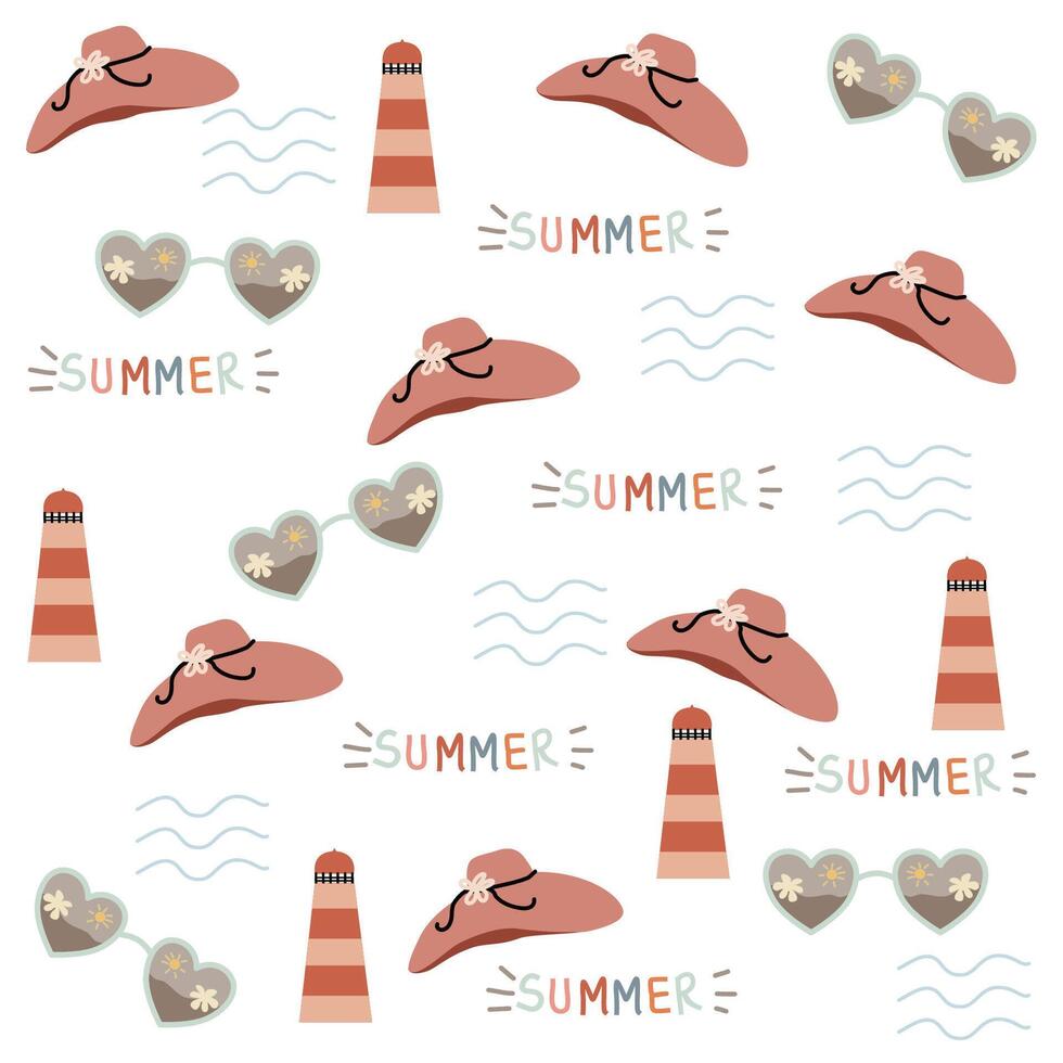 Summer time pattern include sun glasses, lighthouse, waves, summer hat on white background vector