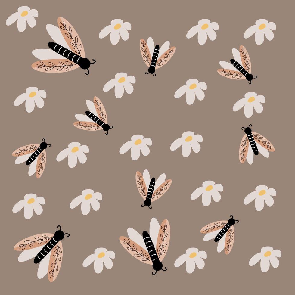 Hand drawn flowers and butterfly on boho brown background vector