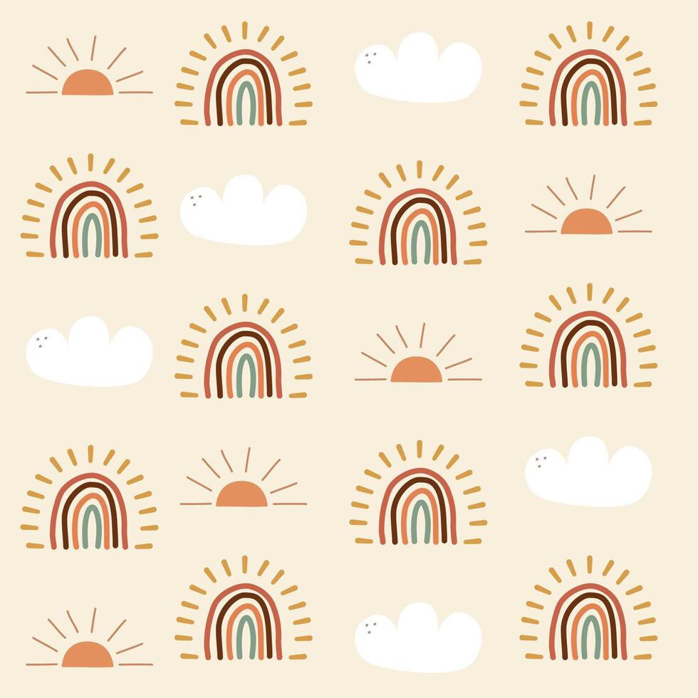 Cloud, ach, sun pattern on yellow background, boho pattern vector