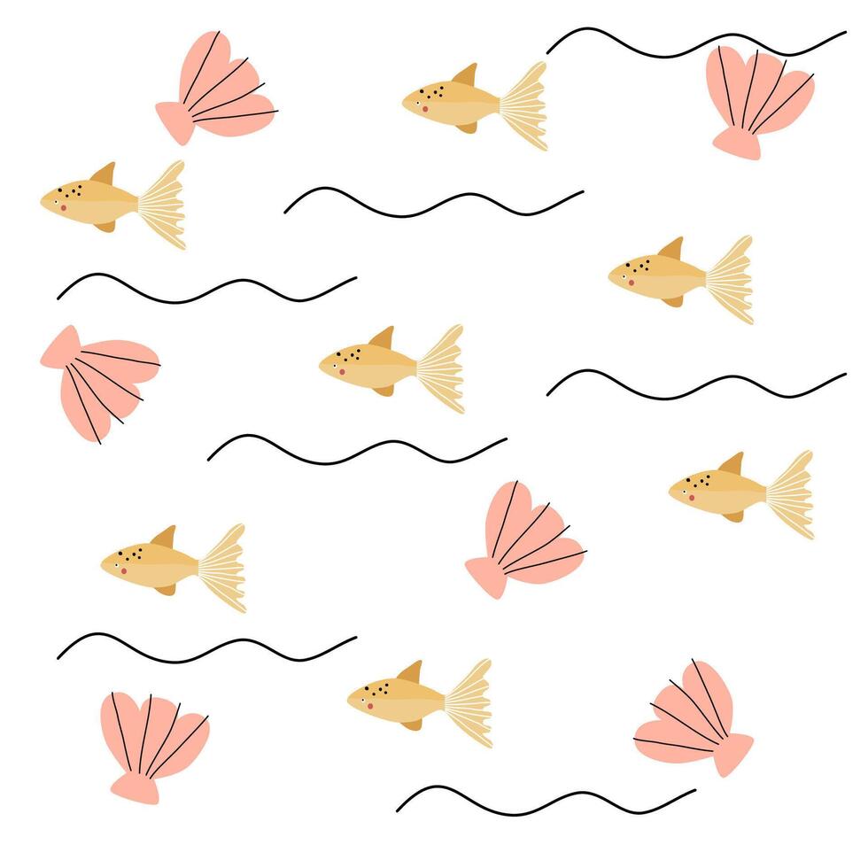 Hand drawn fish and shell pattern for summer background vector