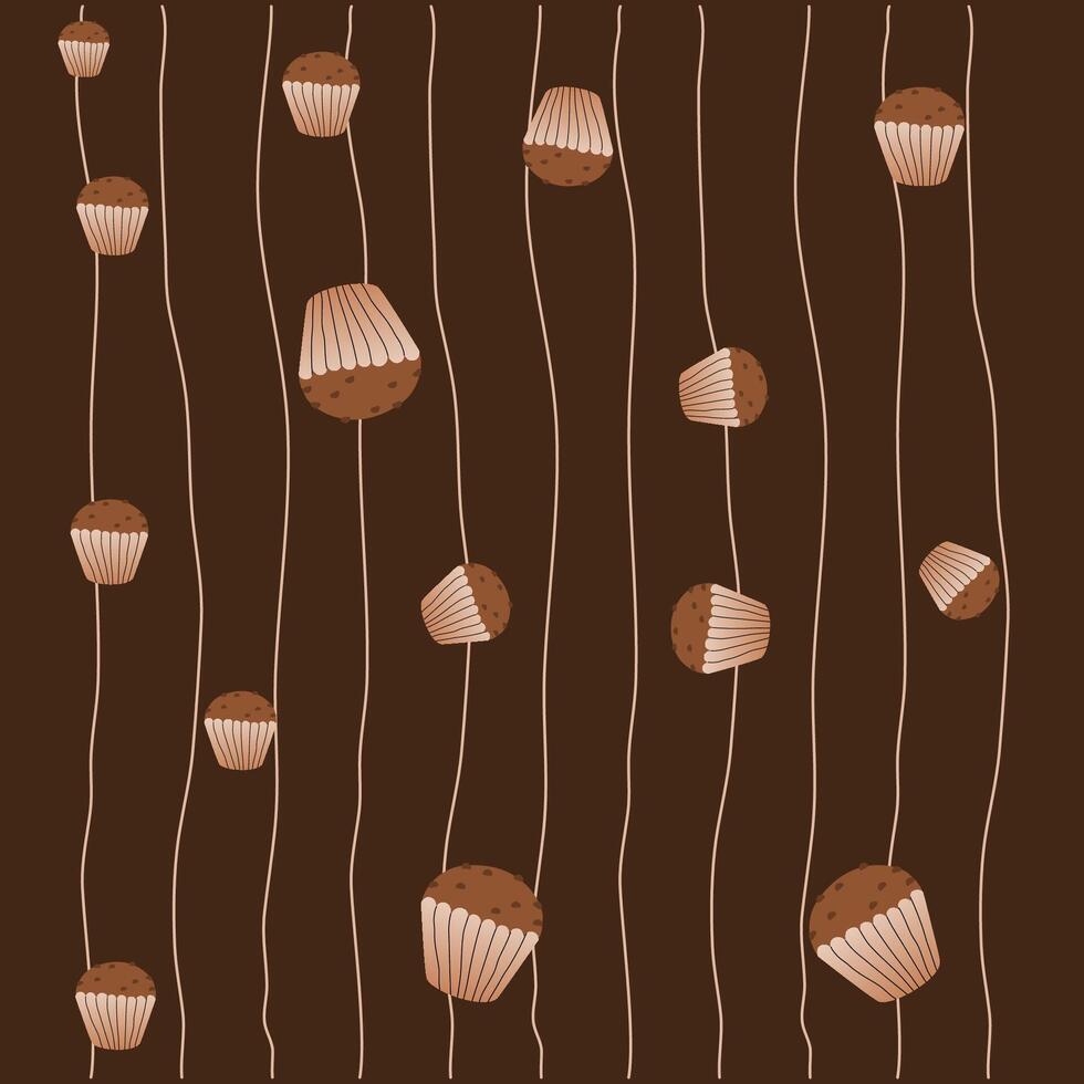 Cupcake and abstract line pattern on brown background. Breakfast pattern for wallpaper, surface design and fabric pattern vector