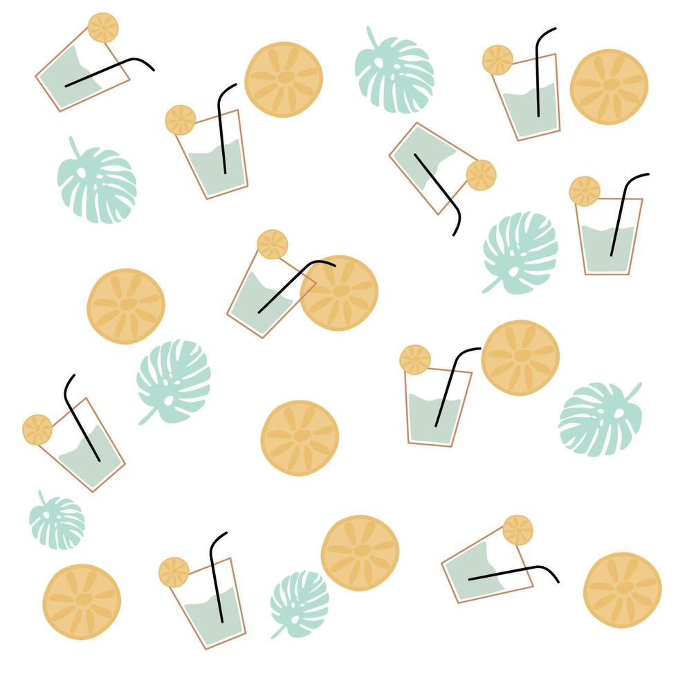 Summer pattern include monstera leaves, lemon and glass of water on white background vector