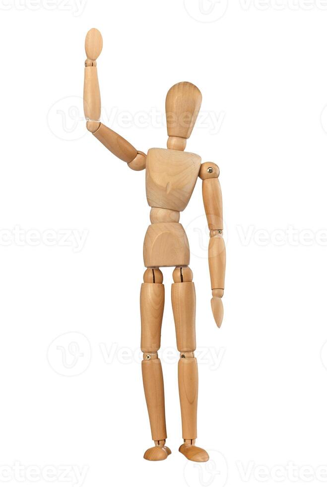 Wooden dummy man waving hello photo