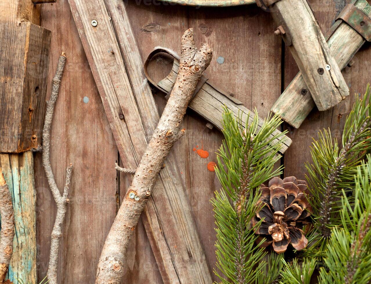 Christmas fir tree on a wooden background photo