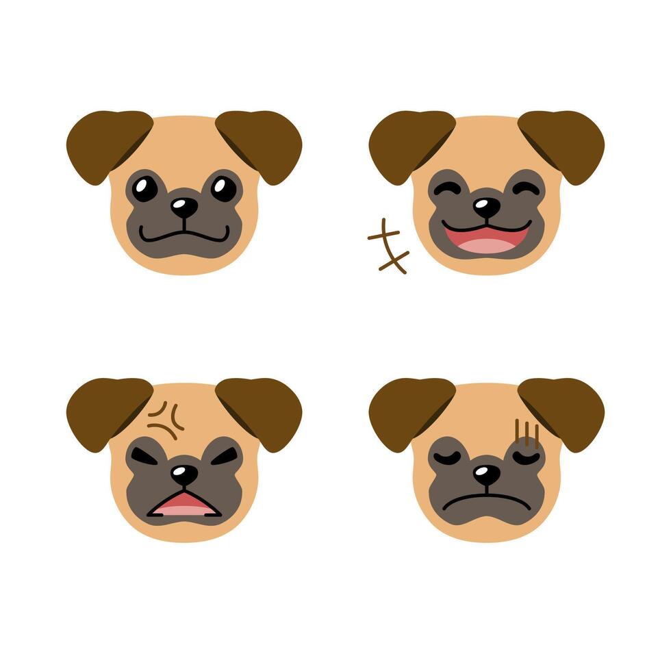 Set of character cute pug dog faces showing different emotions vector
