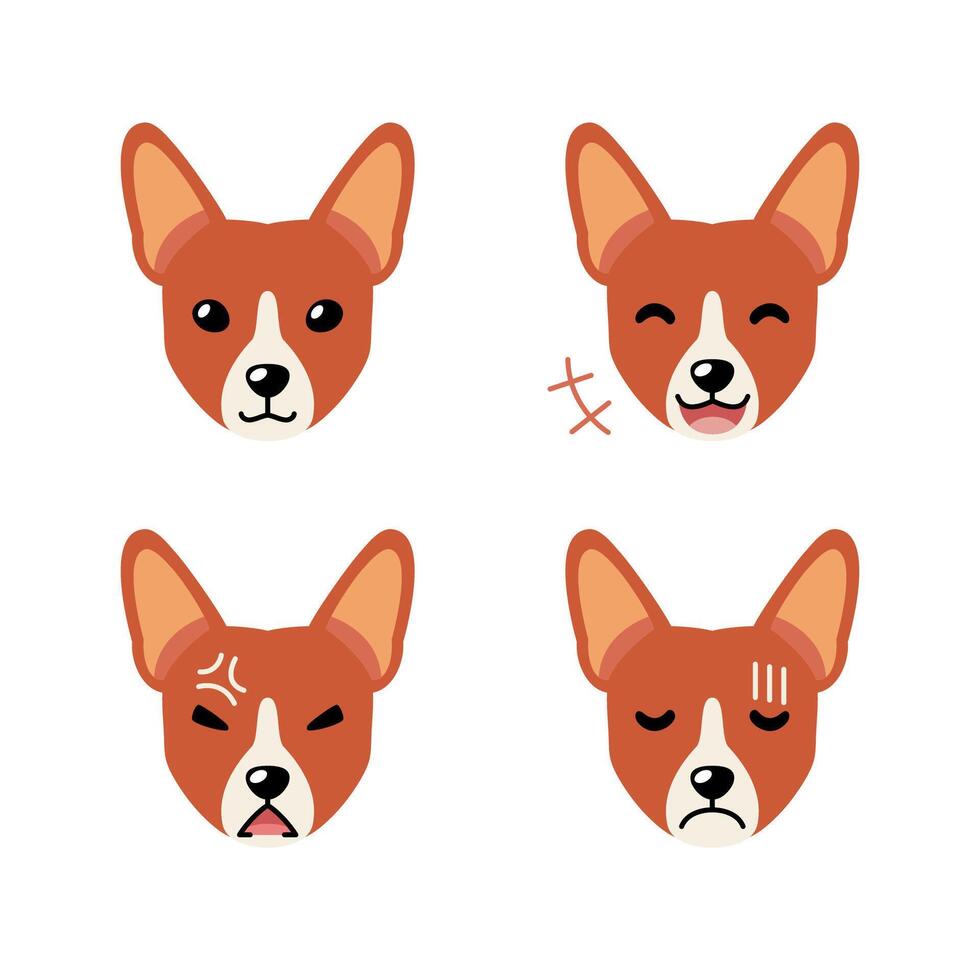 conjunto de personaje linda basenji perro caras demostración diferente emociones vector