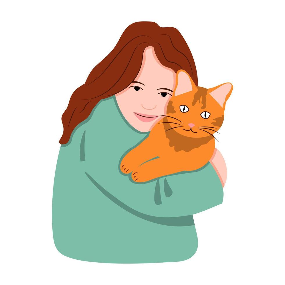 Happy Girl Hugs a Red Cat vector