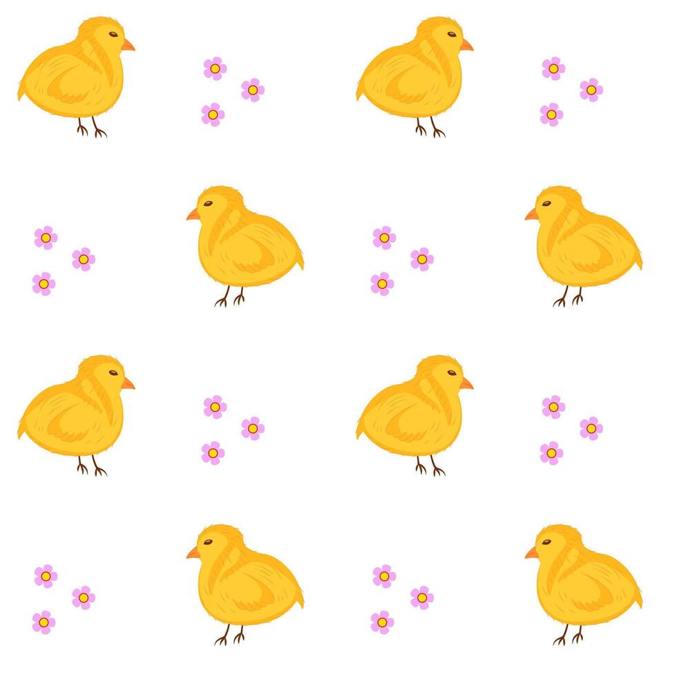Seamless Pattern with Yellow Chickens and Pink Flowers vector