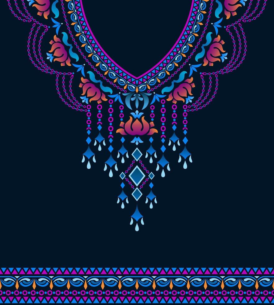 Neck design with colorful floral and jewelry motifs on dark blue background. vector