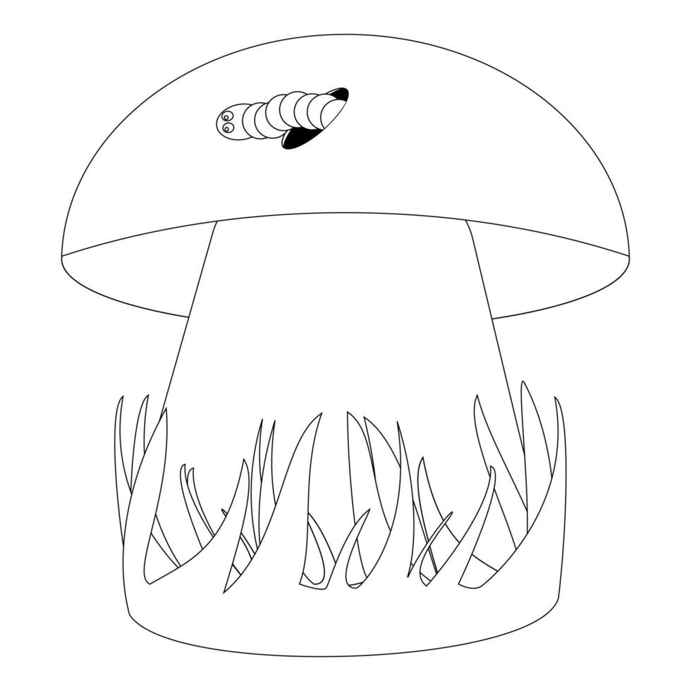 Mushroom in the grass with a worm on the cap. Autumn Season. Cute fall coloring pages for kids. Contour drawing vector